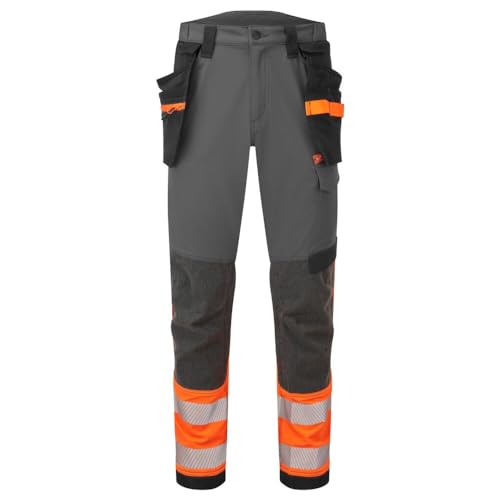 Portwest EV442 Men's Hi Vis Work Trousers - Slim Fit Stretch Fabric Workwear Utility Safety Trousers with Detachable Holster Pocket and Knee Pad Pockets