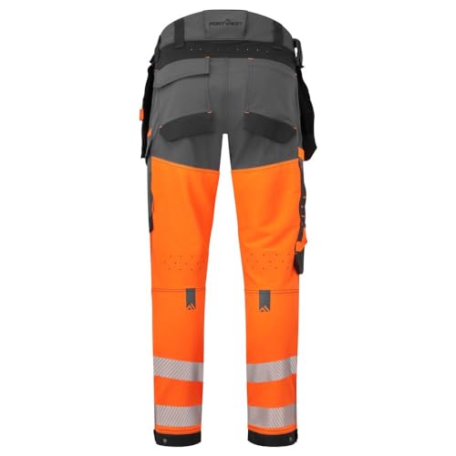 Portwest EV442 Men's Hi Vis Work Trousers - Slim Fit Stretch Fabric Workwear Utility Safety Trousers with Detachable Holster Pocket and Knee Pad Pockets