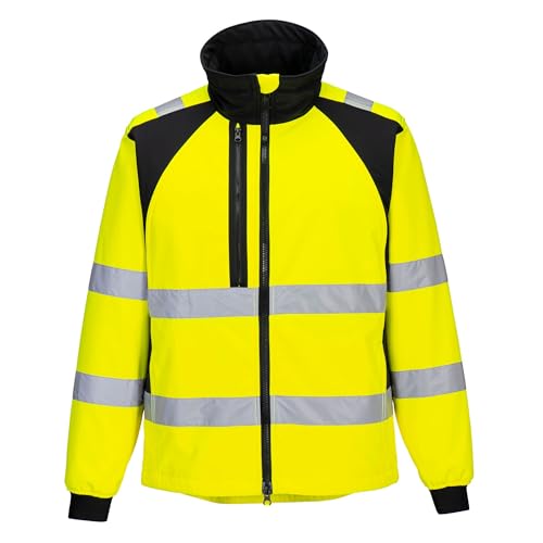 Portwest CD875 Men's WX2 Hi Vis Softshell Jacket - Windproof Water Resistant High Visibility Reflective Eco Safety Jacket Yellow/Black, Large