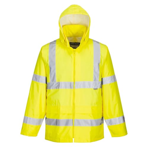 Portwest H440 Men's Waterproof Hi Vis Rain Jacket - Reflective Lightweight Safety Workwear with Pockets and Hood Orange, 4X-Large