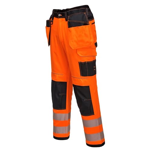 Portwest T501 Mens PW3 Hi Vis Work Trousers - Holster Pocket Workwear Safety Construction Trousers Orange/Black, 42