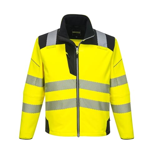 Portwest T402 Men's PW3 Hi Vis Safety Jacket - Windproof Water Resistant High Visibility Reflective Softshell Jacket Yellow/Black, XX-Large