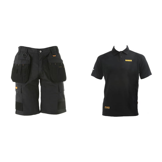 DEWALT Cheverley Lightweight Grey Polycotton Shorts Waist 30in Ruland PWS Performance Polo Shirt, Black, Size Medium