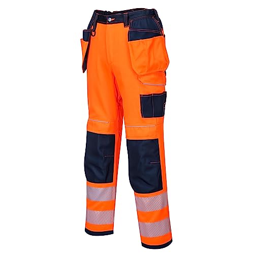 Portwest T501 Mens PW3 Hi Vis Work Trousers - Holster Pocket Workwear Safety Construction Trousers Orange/Black, 42