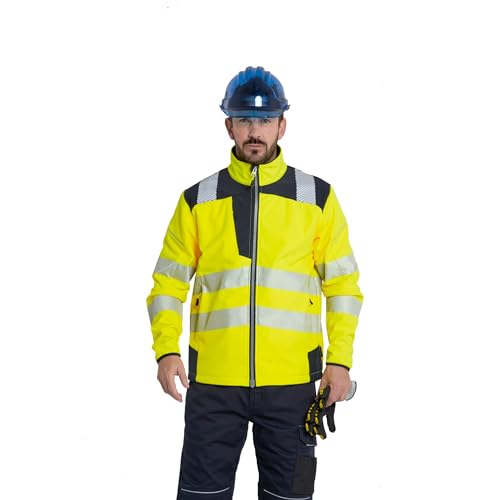 Portwest T402 Men's PW3 Hi Vis Safety Jacket - Windproof Water Resistant High Visibility Reflective Softshell Jacket Yellow/Black, XX-Large