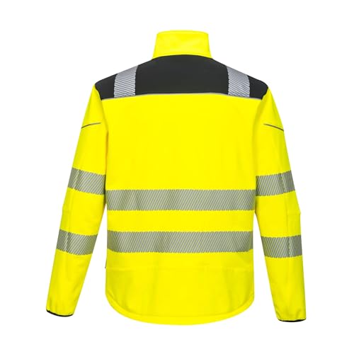 Portwest T402 Men's PW3 Hi Vis Safety Jacket - Windproof Water Resistant High Visibility Reflective Softshell Jacket Yellow/Black, XX-Large