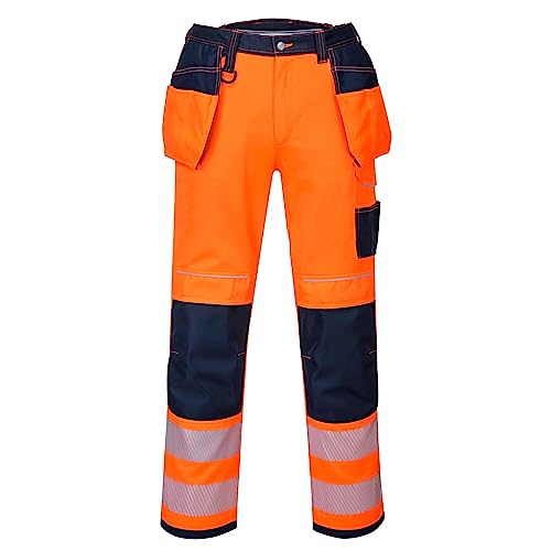 Portwest T501 Mens PW3 Hi Vis Work Trousers - Holster Pocket Workwear Safety Construction Trousers Orange/Black, 42