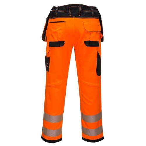 Portwest T501 Mens PW3 Hi Vis Work Trousers - Holster Pocket Workwear Safety Construction Trousers Orange/Black, 42