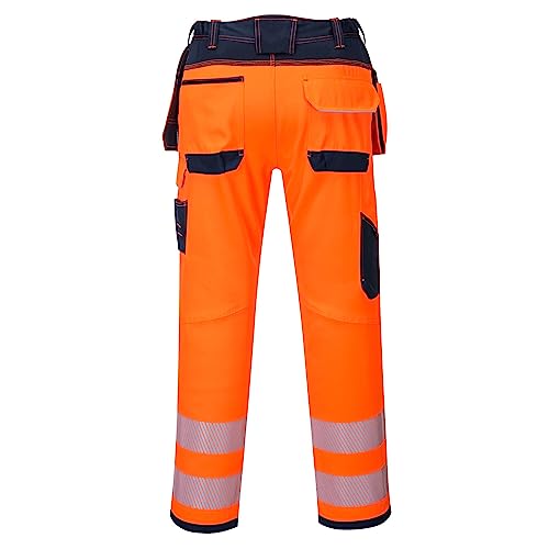 Portwest T501 Mens PW3 Hi Vis Work Trousers - Holster Pocket Workwear Safety Construction Trousers Orange/Black, 42