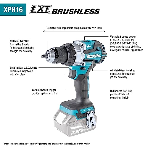 Makita XPH16Z 18V LXT® Lithium-Ion Compact Brushless Cordless 1/2" Hammer Driver-Drill, Tool Only