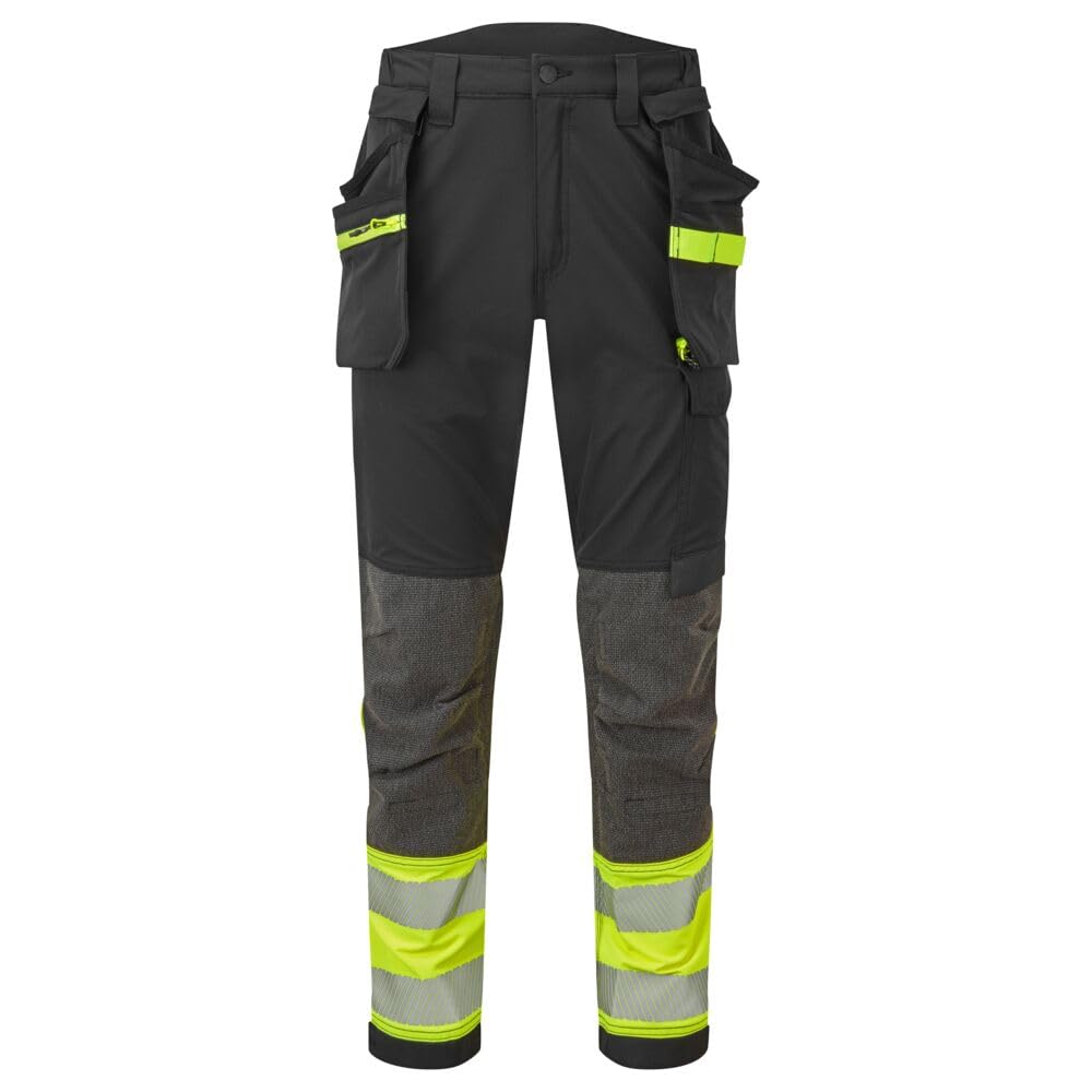 Portwest EV442 Men's Hi Vis Work Trousers - Slim Fit Stretch Fabric Workwear Utility Safety Trousers with Detachable Holster Pocket and Knee Pad Pockets