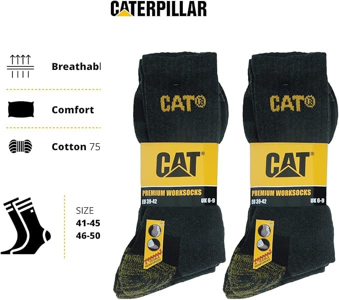 Caterpillar 6 Pairs Men's Work Socks Accident Prevention Double Reinforced Heel and Toe Terry Cotton (UK, Numeric, 6, 11, Regular, Regular, Grey)