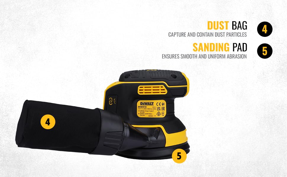 DEWALT DCW210N-XJ Cordless Sander 18V XR Brushless 125mm, Bare Unit