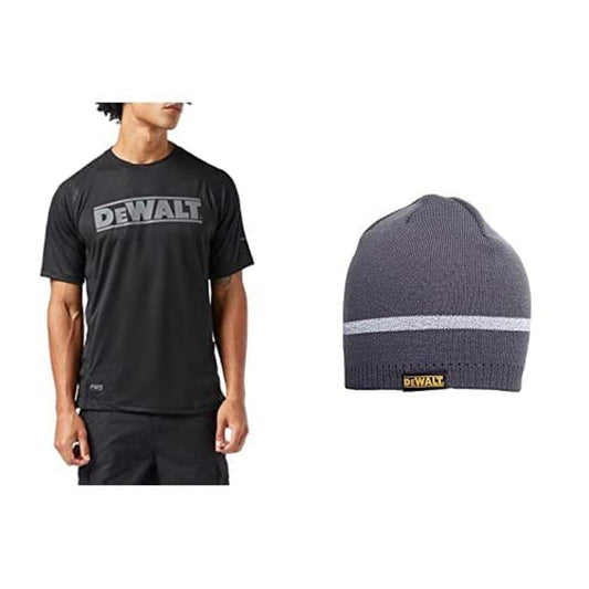 DEWALT Easton M Easton Black PWS Performance T-Shirt, Size M Bundle Beanie Beanie Grey Hat, One Size