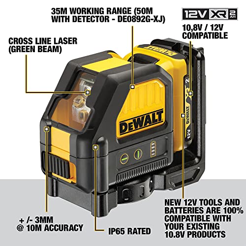 DEWALT 2-Way Self Levelling Cross Line Green Beam Laser with Battery XR 12V 2.0Ah Li-Ion and Charger DCE088D1G