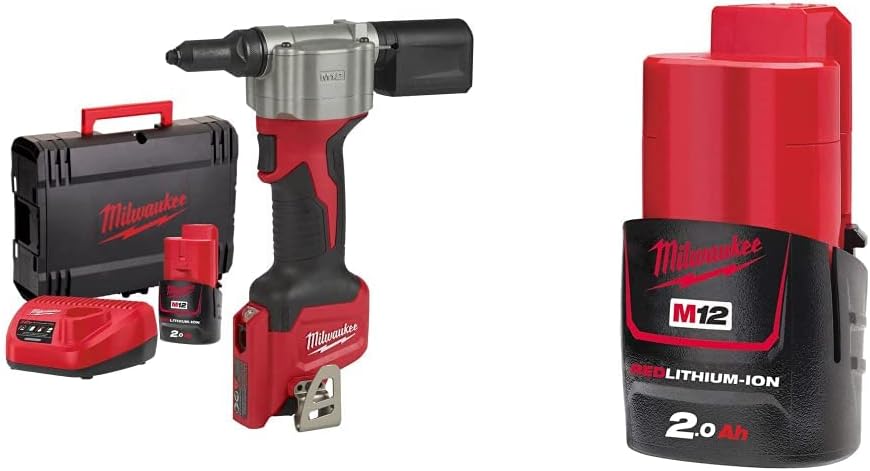 Milwaukee M12BPRT-201X Pop Rivet Tool Kit & M12B2 2.0Ah Lithium-Ion Battery - Red