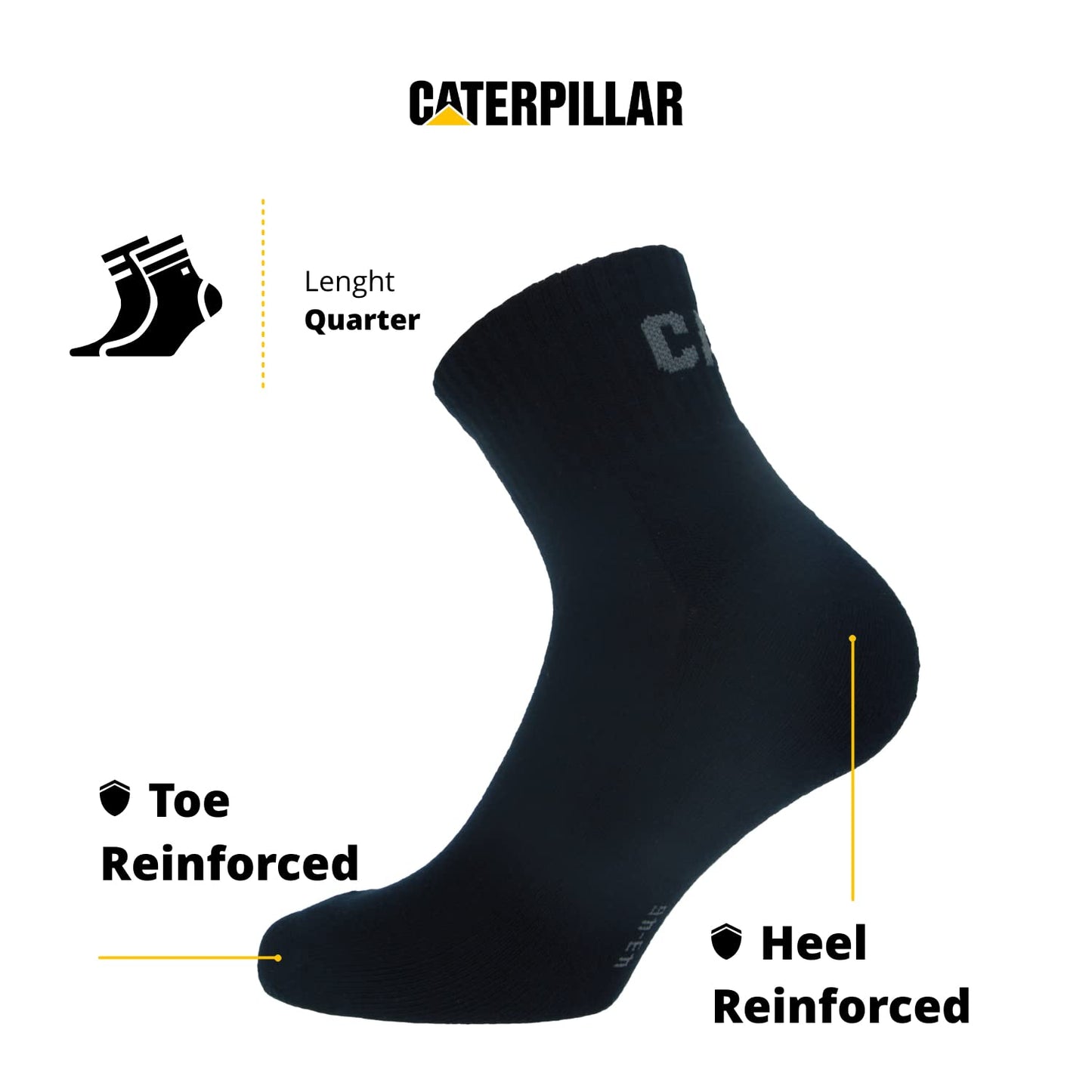 Caterpillar Quarter Socks 6 Pairs Men's Work Socks, Height Above the Ankle, Reinforced Toe and Heel, Cotton