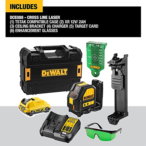 DEWALT 2-Way Self Levelling Cross Line Green Beam Laser with Battery XR 12V 2.0Ah Li-Ion and Charger DCE088D1G