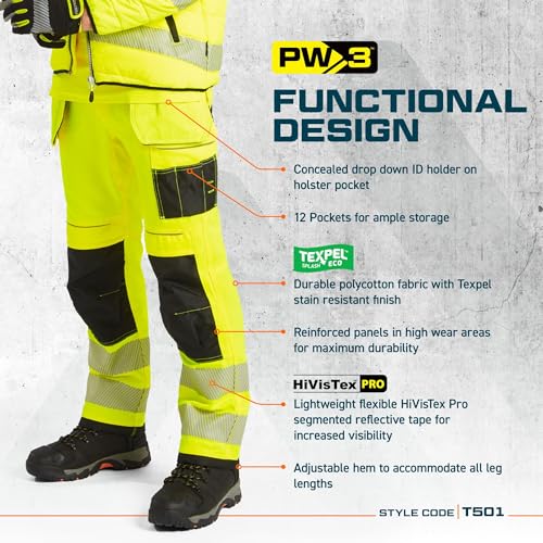 Portwest T501 Mens PW3 Hi Vis Work Trousers - Holster Pocket Workwear Safety Construction Trousers Orange/Black, 42