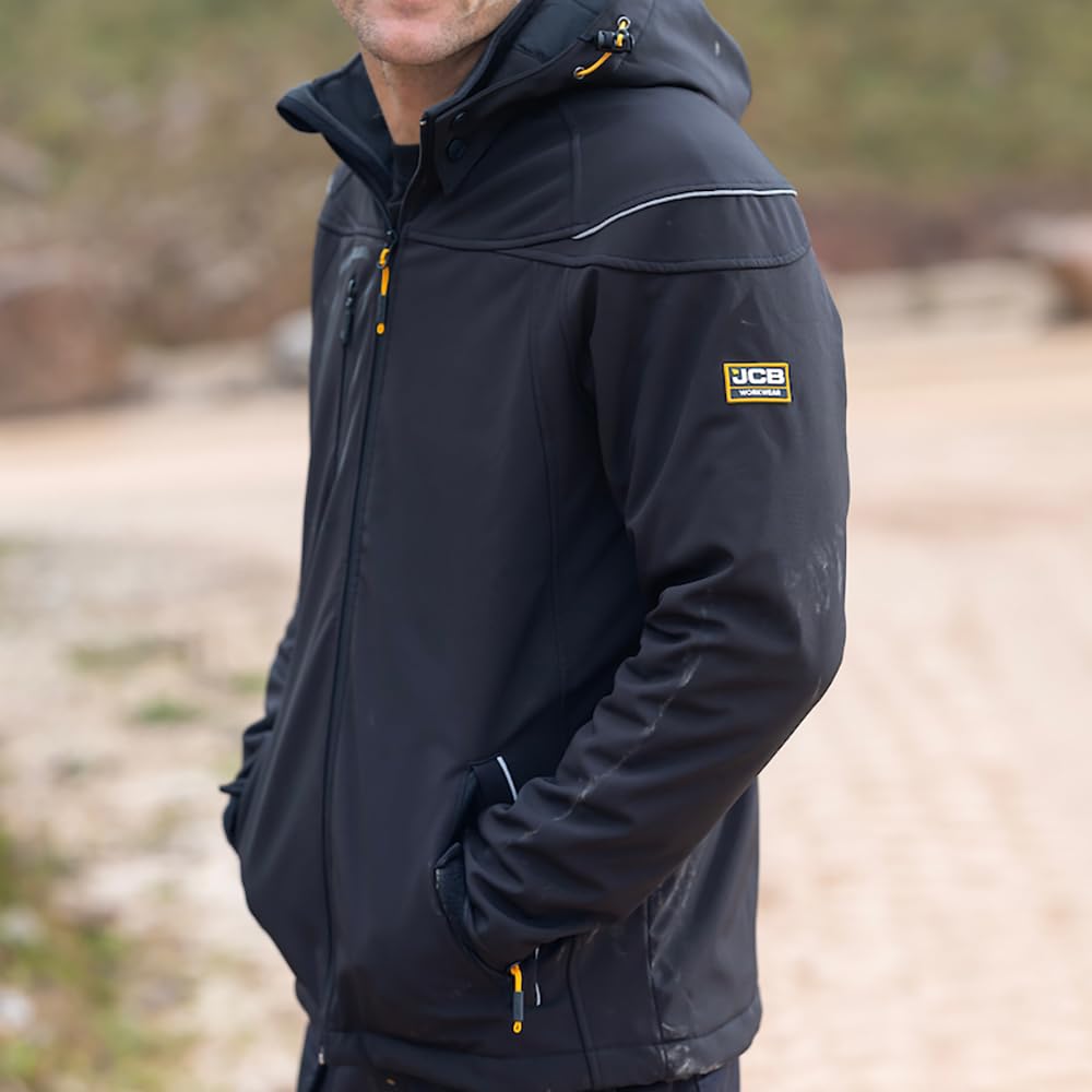 JCB - Men's Trade Hooded Black Softshell Jacket - Durable, Comfortable, Versatile - Perfect for Outdoor Work Environments Workwear Collection