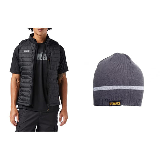 DEWALT Men's Force Slim Fit Gilet, Black, Large & Knitted Beanie Hat - Grey