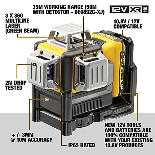 DEWALT Self Levelling Multi Line 3 x 360 Degrees Green Beam Laser 12V MAX* with Battery 2.0Ah Li-Ion and Charger Carry Case DCE089D1G