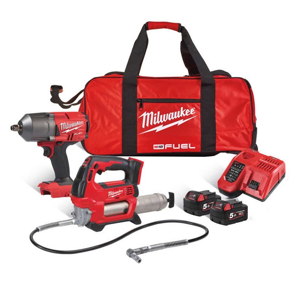 Milwaukee M18 FPP2AI-502B 18V Impact Wrench/Grease Gun Twin Pack with 2 x 5.0Ah Batteries, Charger in Bag