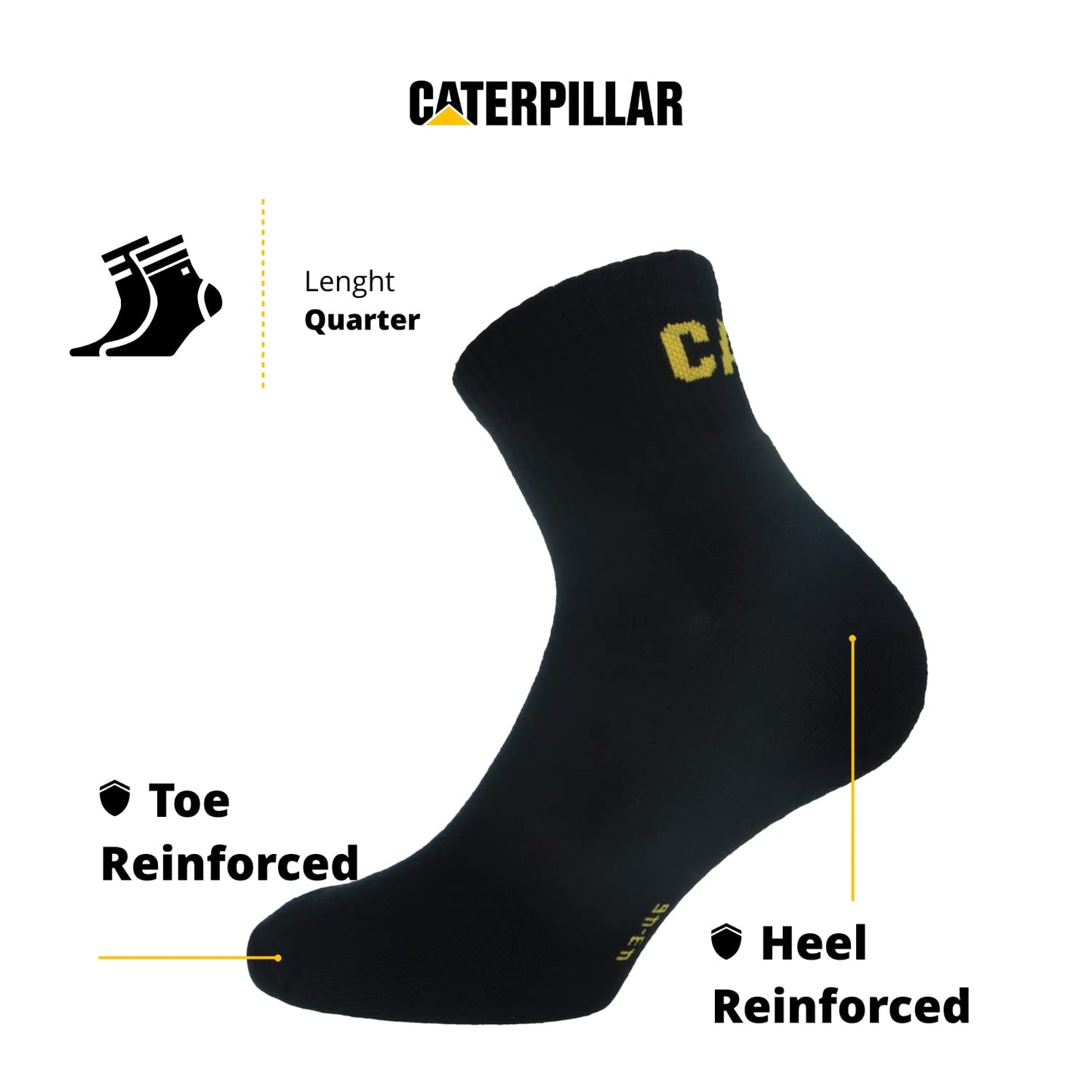 Caterpillar Quarter Socks 6 Pairs Men's Work Socks, Height Above the Ankle, Reinforced Toe and Heel, Cotton