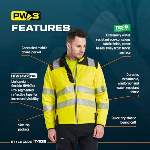 Portwest T402 Men's PW3 Hi Vis Safety Jacket - Windproof Water Resistant High Visibility Reflective Softshell Jacket Yellow/Black, XX-Large