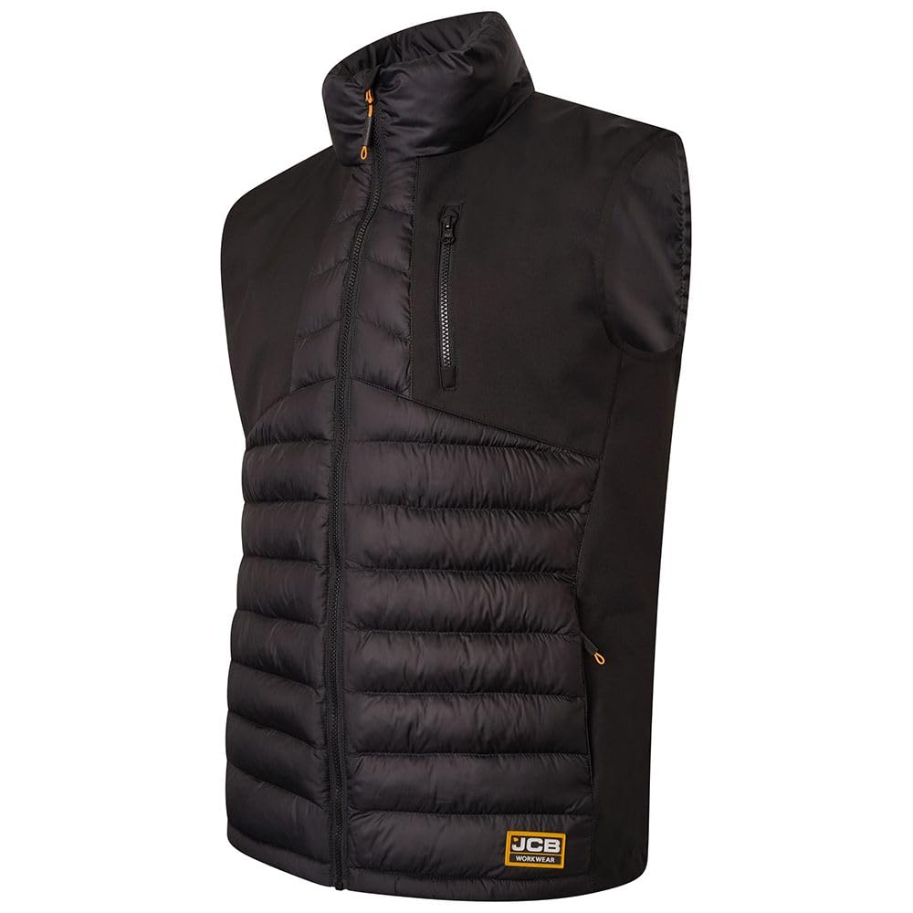 JCB - Trade Black Workwear Hybrid Padded Gilet - Water Resistant Fabric - Softshell Lining, Functional Pockets, Polyester Padding & Full Front Zip