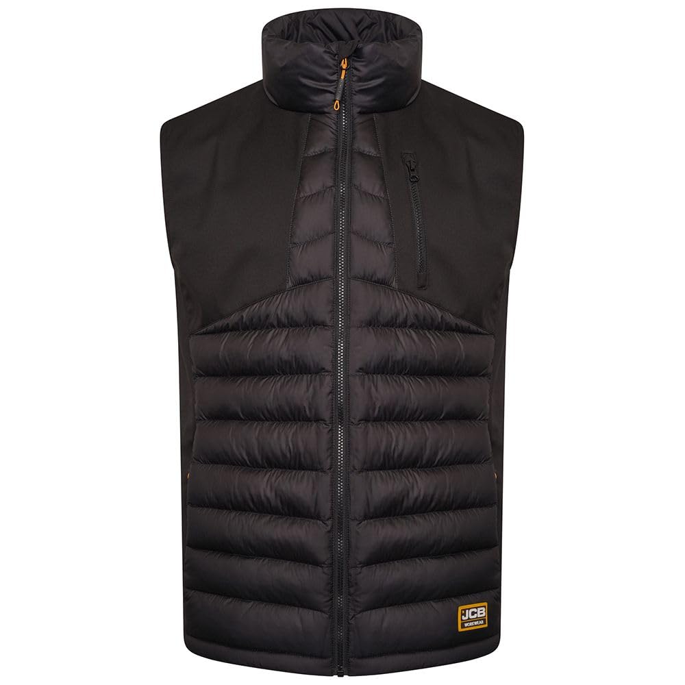 JCB - Trade Black Workwear Hybrid Padded Gilet - Water Resistant Fabric - Softshell Lining, Functional Pockets, Polyester Padding & Full Front Zip