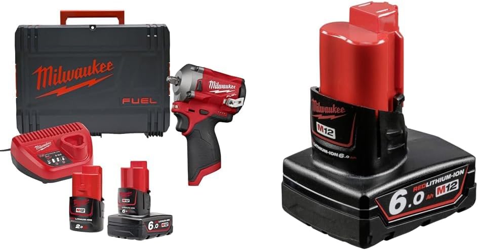 Milwaukee M12 FIW38-622X Fuel™ Impact Wrench Kit 12V 1 x 2.0Ah & 1 x 6.0Ah Li-ion & M12B6 12v 6.0Ah Red Lithium-ion Battery,4 x 4 x 10 cm