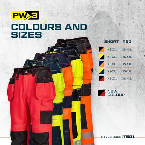 Portwest T501 Mens PW3 Hi Vis Work Trousers - Holster Pocket Workwear Safety Construction Trousers Orange/Black, 42