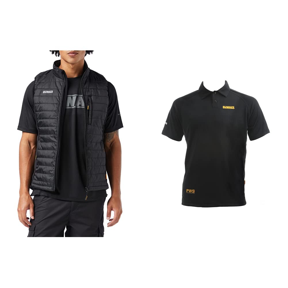 DEWALT Men's Force Slim Fit Gilet, Black, Large & Men's Dewrutl-tb Rutland Performance Polo Shirt L 46in, Black, L UK