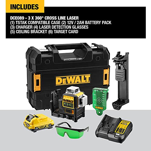 DEWALT Self Levelling Multi Line 3 x 360 Degrees Green Beam Laser 12V MAX* with Battery 2.0Ah Li-Ion and Charger Carry Case DCE089D1G