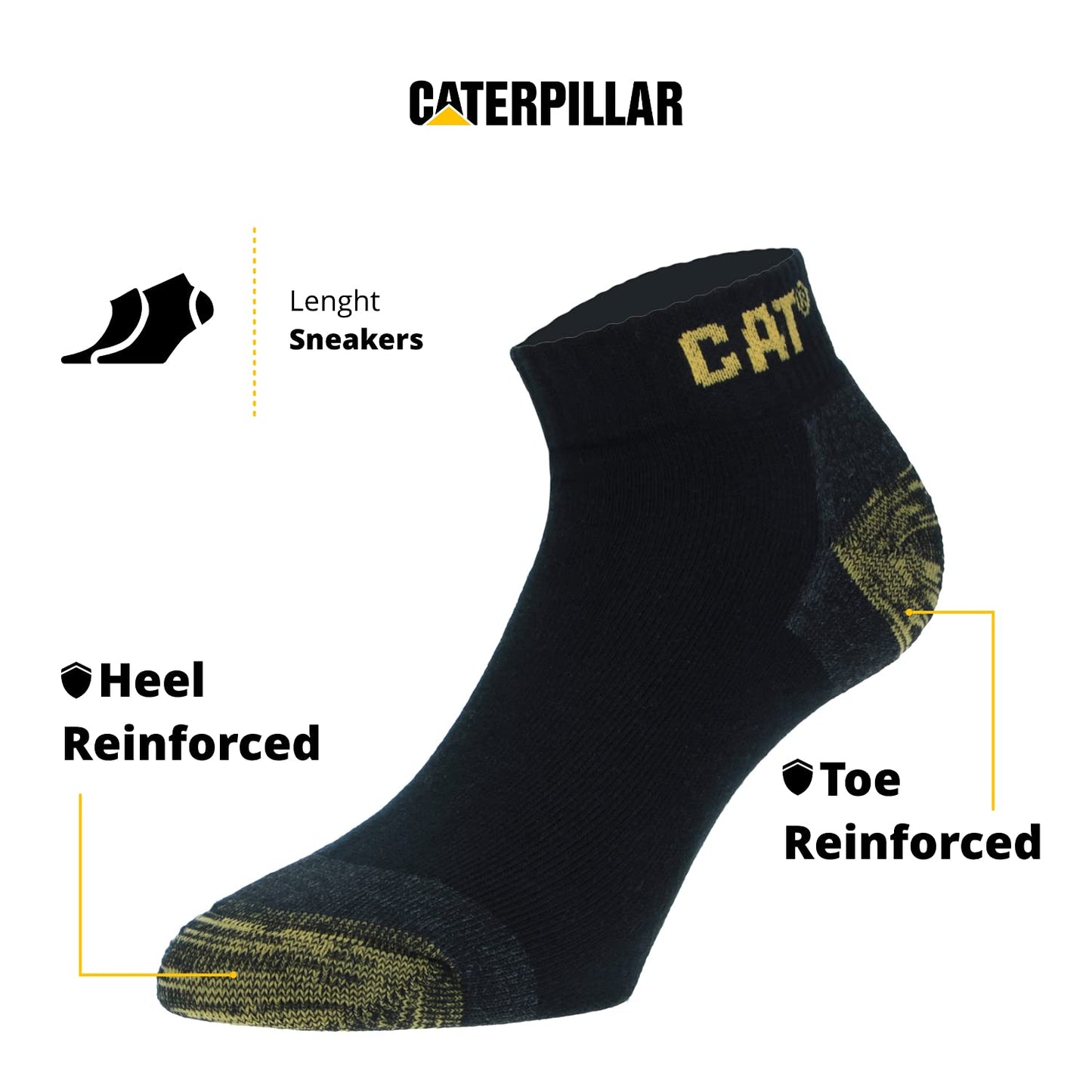 Caterpillar 6 Pairs Sneaker Men's Work Socks Accident Prevention Double Reinforced Heel and Toe Yarn of Excellent Quality Cotton Sponge (Black