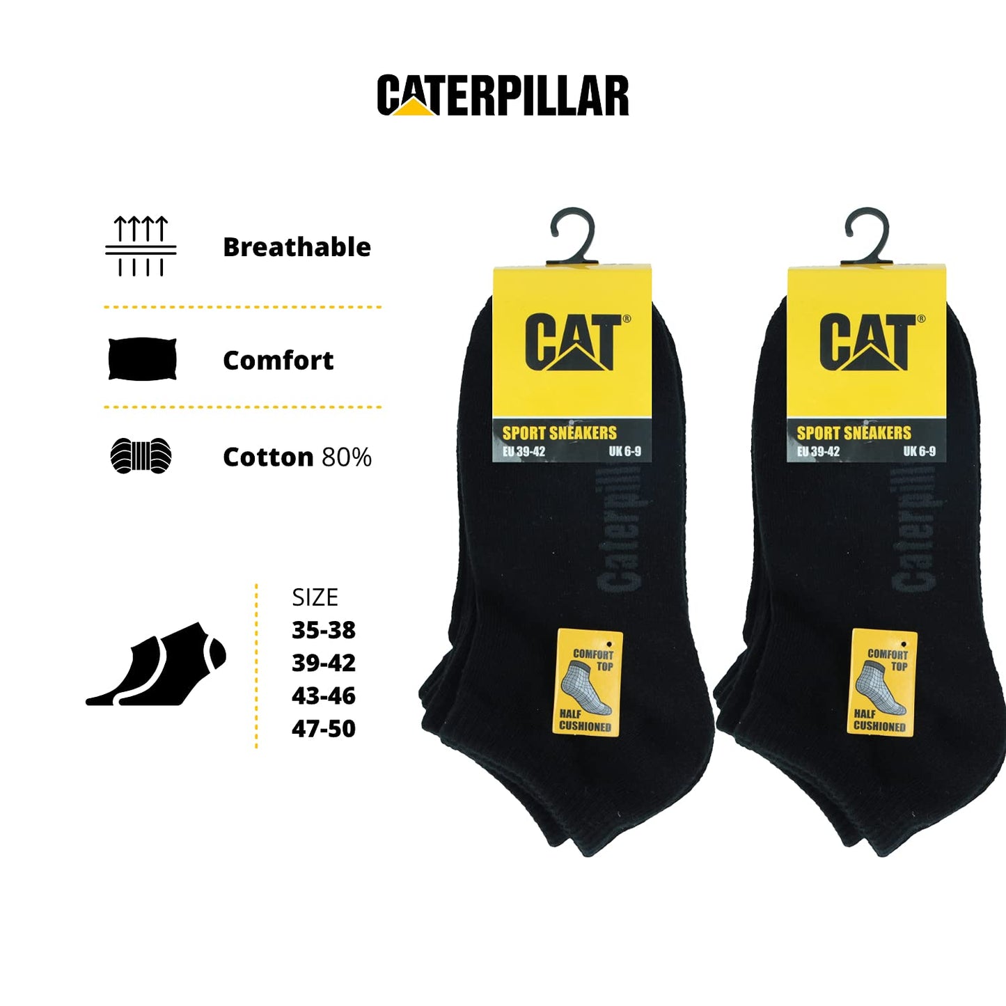 Caterpillar Sport Sneakers 6 Pairs Ankle Height Socks, Comfort Top, Cotton, Half Cushioned