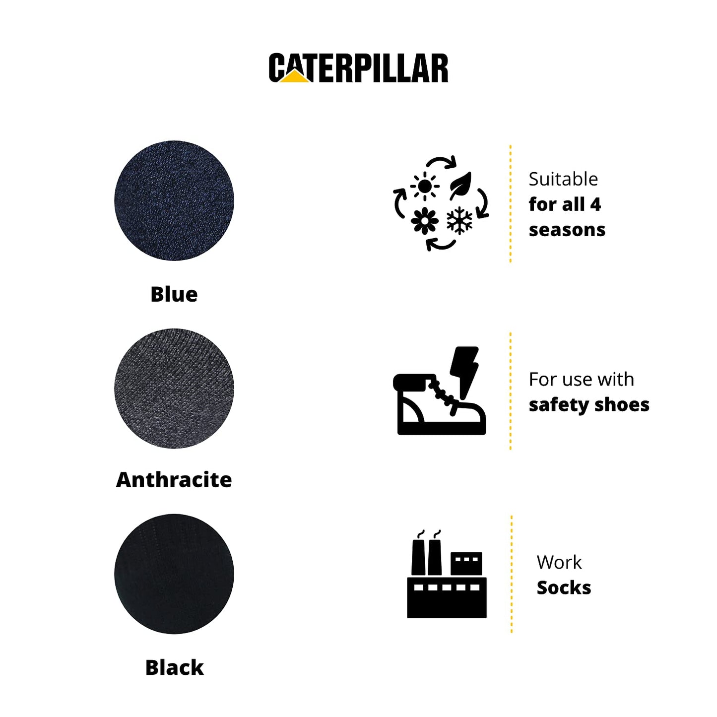 Caterpillar 6 Pairs Men's Work Socks Accident Prevention Double Reinforced Heel and Toe Yarn of Excellent Quality Cotton Sponge (Black