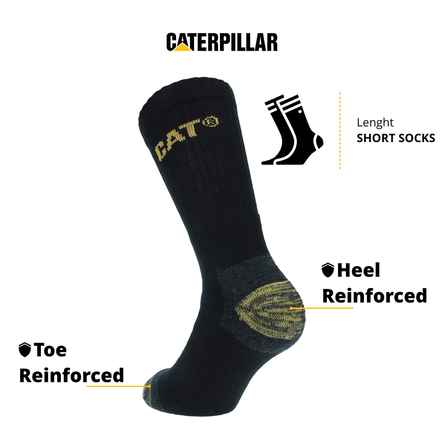 Caterpillar 6 Pairs Men's Work Socks Accident Prevention Double Reinforced Heel and Toe Yarn of Excellent Quality Cotton Sponge (Black