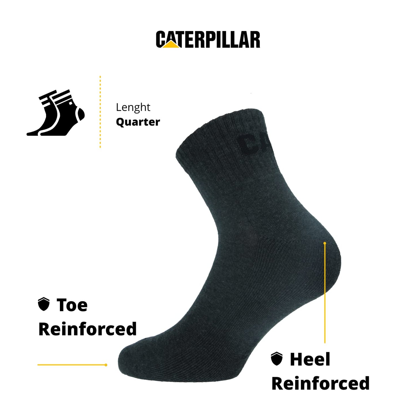 Caterpillar Quarter Socks 6 Pairs Men's Work Socks, Height Above the Ankle, Reinforced Toe and Heel, Cotton