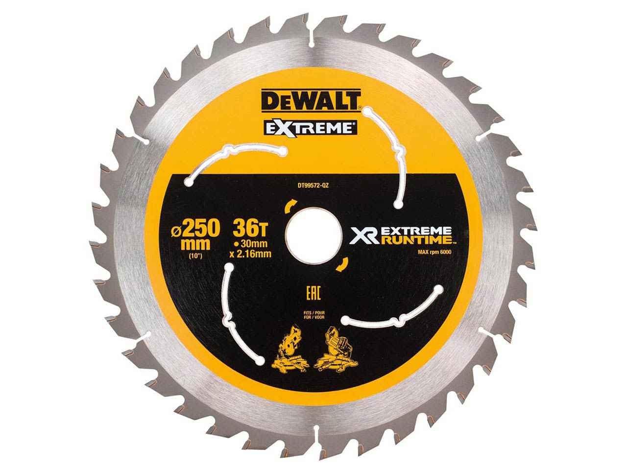 DEWALT DT99568 216 mm x 30 mm x 24T XR Extreme Runtime Mitre Saw Blade - Yellow/Black/Silver