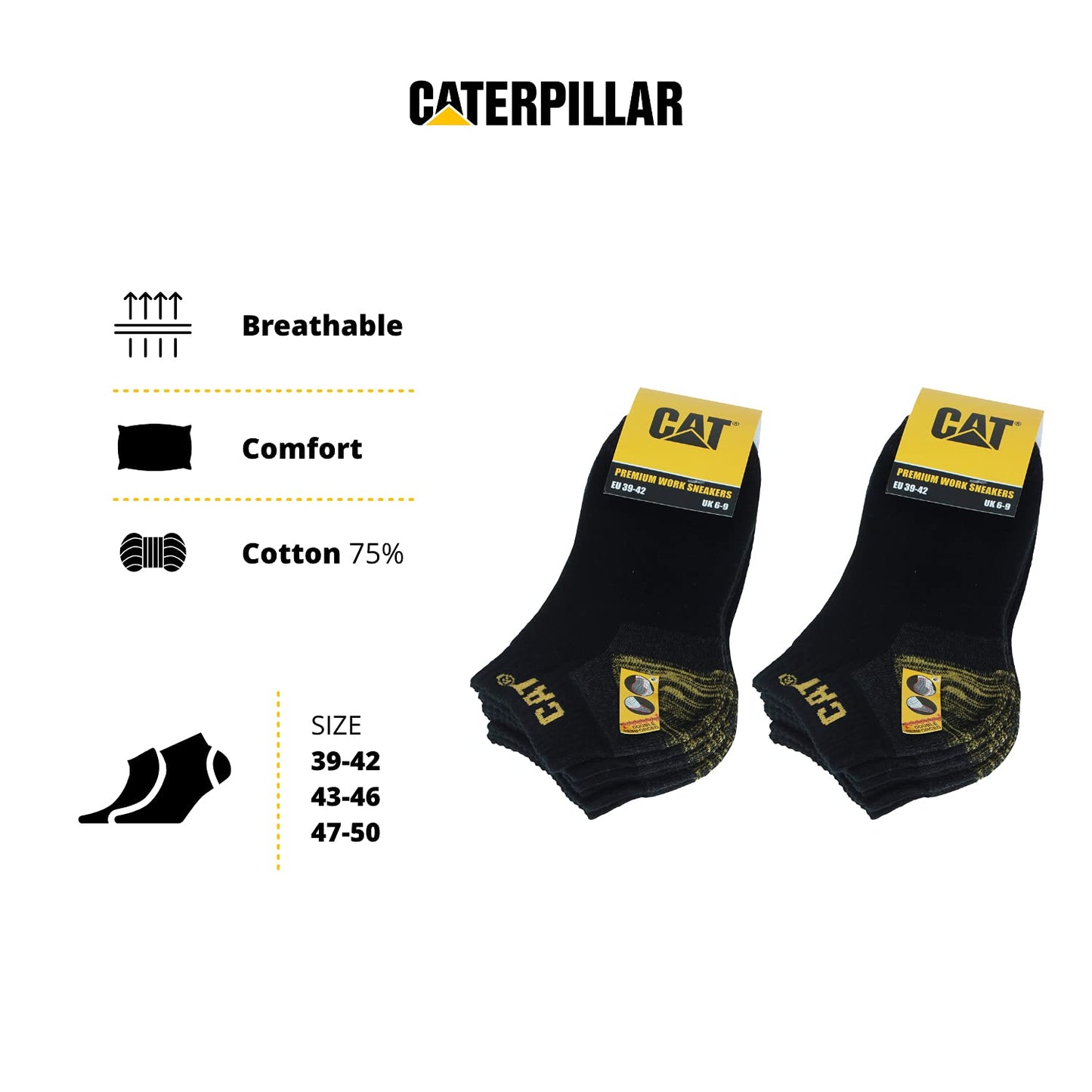 Caterpillar 6 Pairs Sneaker Men's Work Socks Accident Prevention Double Reinforced Heel and Toe Yarn of Excellent Quality Cotton Sponge (Black