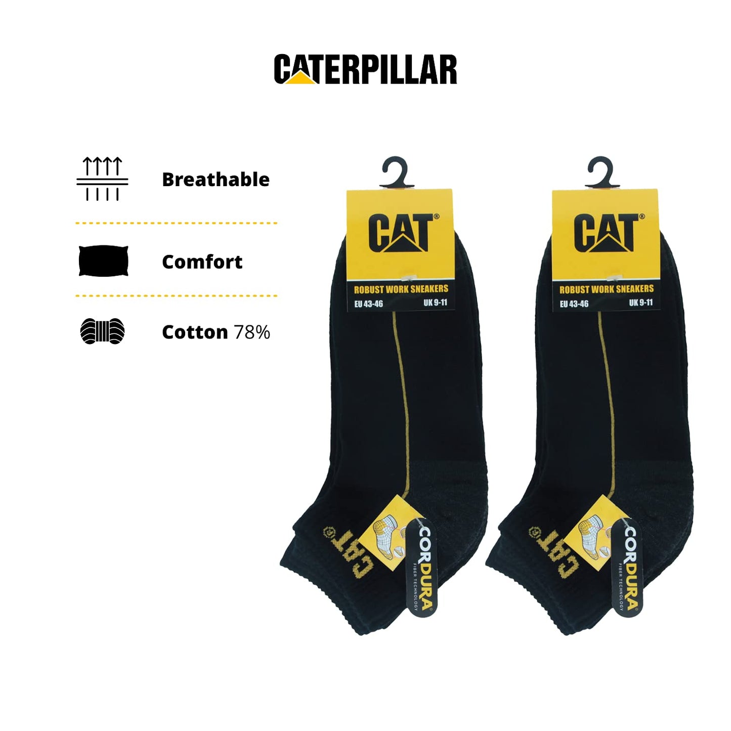 CAT Caterpillar 6 Pairs Robust Work Sneaker, work socks in soft cotton, reinforced toe and heel, CORDURA Fiber Technology