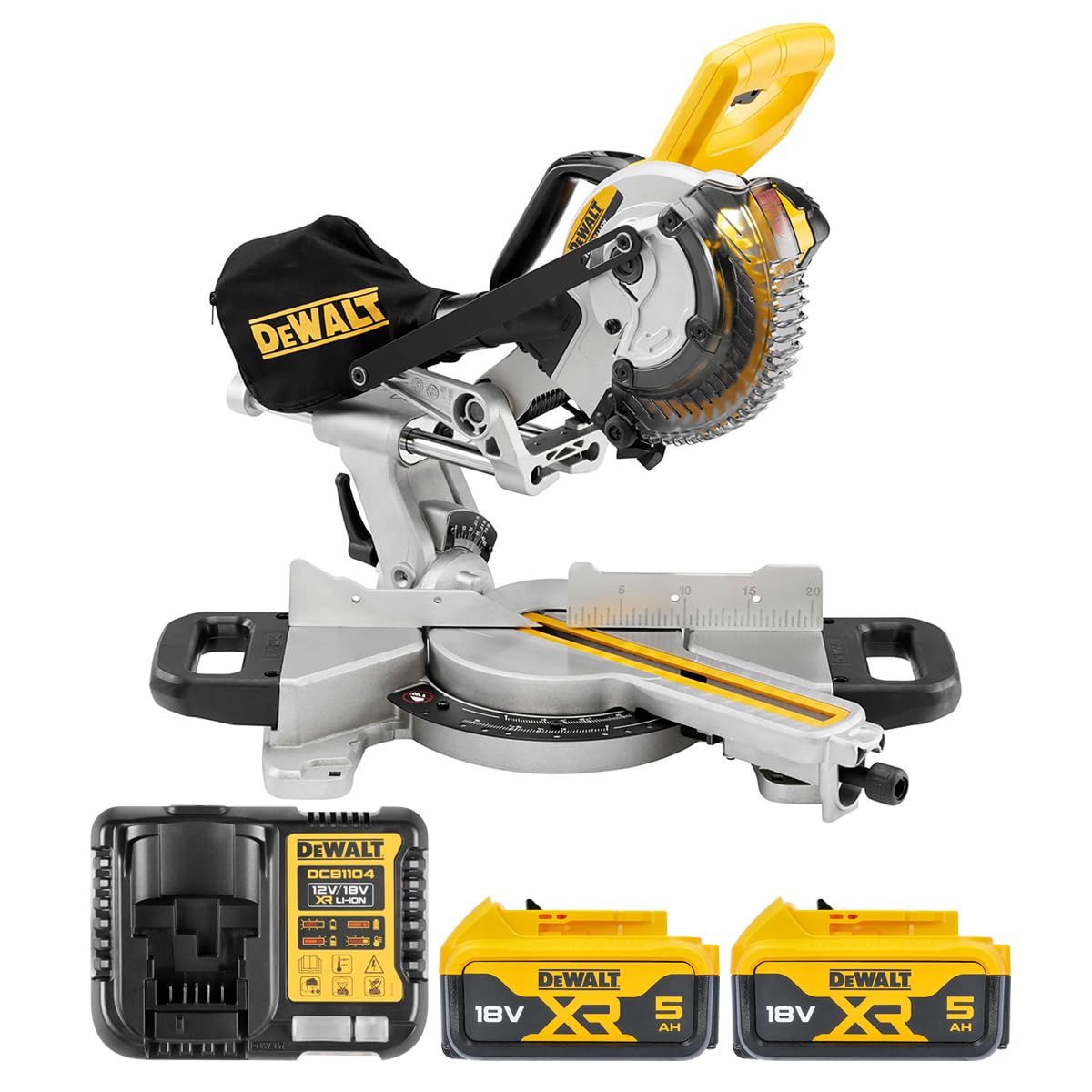 Dewalt DCS365N 18V Cordless 184mm Mitre Saw with 2 x 5.0Ah DCB184 Batteries & DCB115 Charger