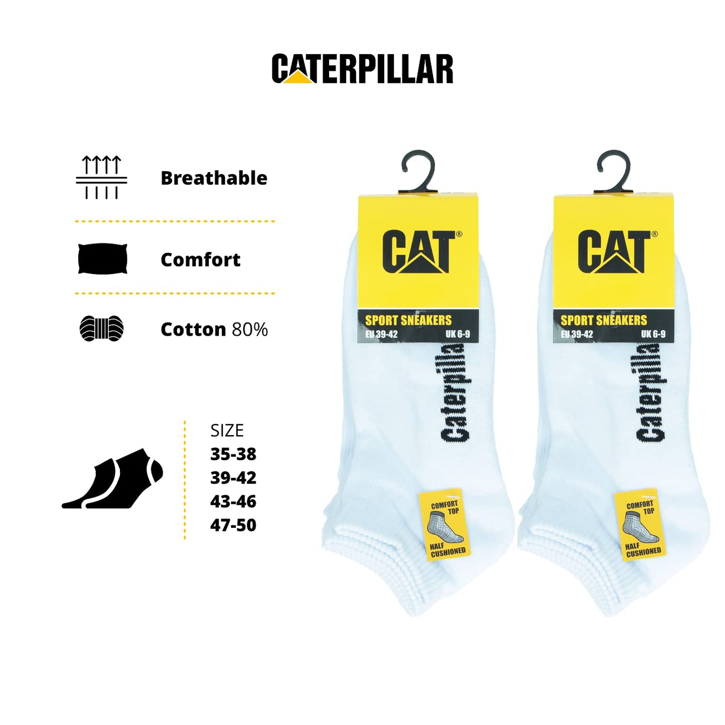 Caterpillar Sport Sneakers 6 Pairs Ankle Height Socks, Comfort Top, Cotton, Half Cushioned