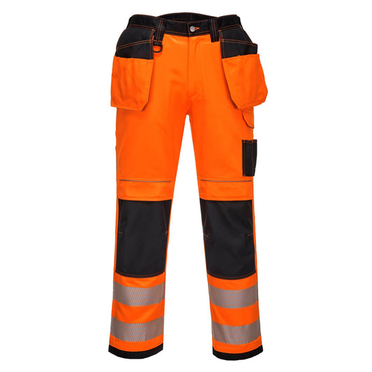 Portwest T501 Mens PW3 Hi Vis Work Trousers - Holster Pocket Workwear Safety Construction Trousers Orange/Black, 42