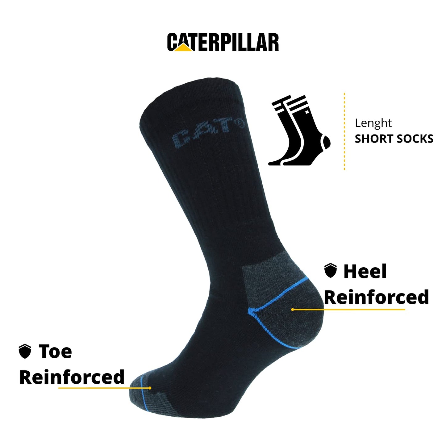 Caterpillar 6 Pair Work Socks for Men in Coolmax, double reinforcement on toe and heel, Terry Cotton and Lycra fiber