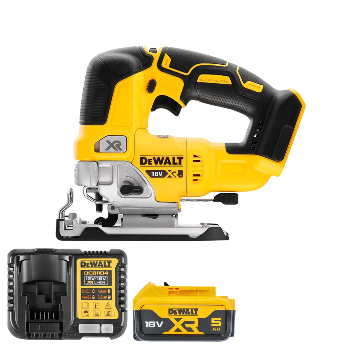 DeWalt DCS334N 18V Brushless Top Handle Jigsaw with 1 x 5.0Ah DCB184 Battery & DCB115 Charger