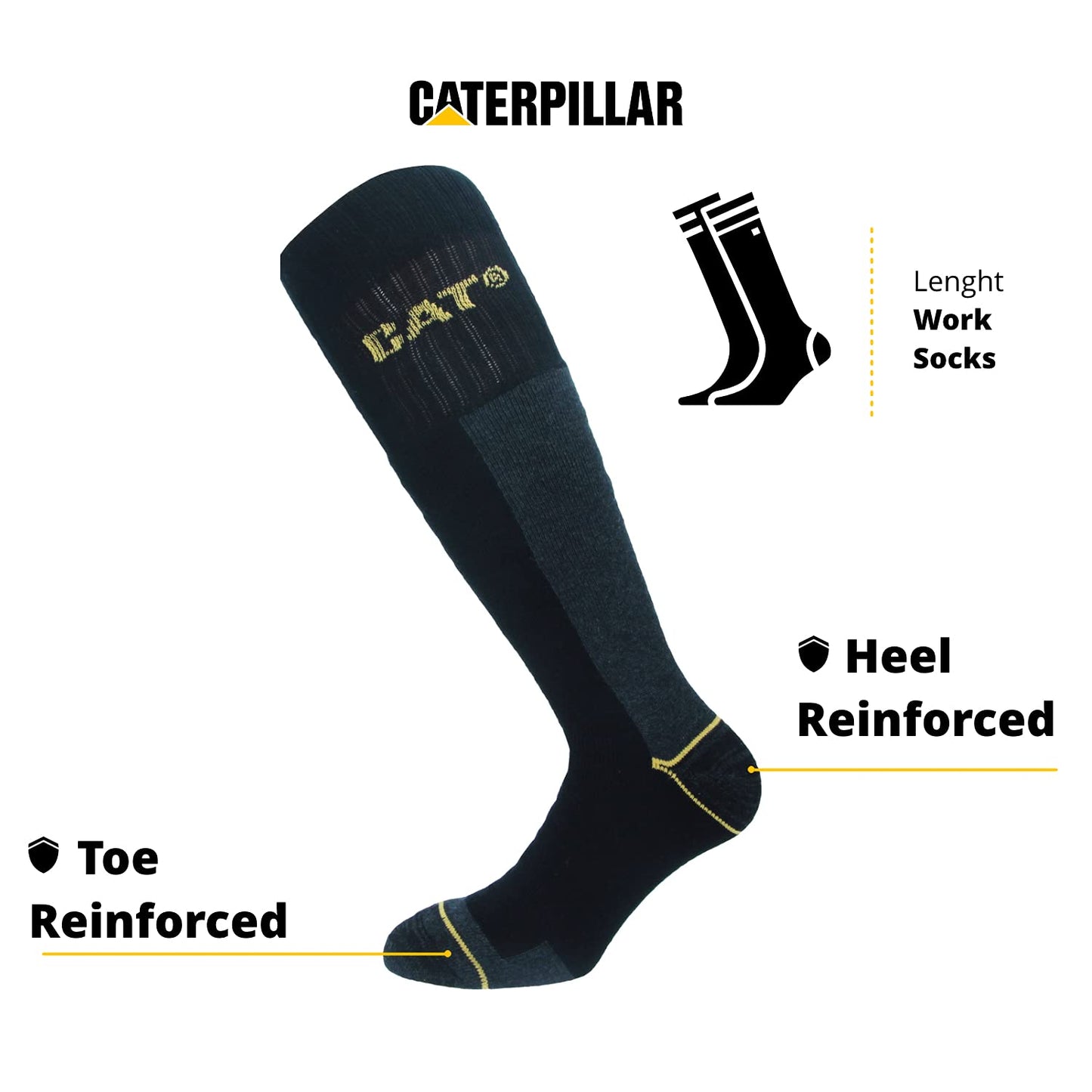 CAT Caterpillar 4 pairs Men's Work Long Socks Accident Prevention Reinforced on Heel and Toe with Reinforced Weft Yarn of Excellent Quality Cotton Sponge