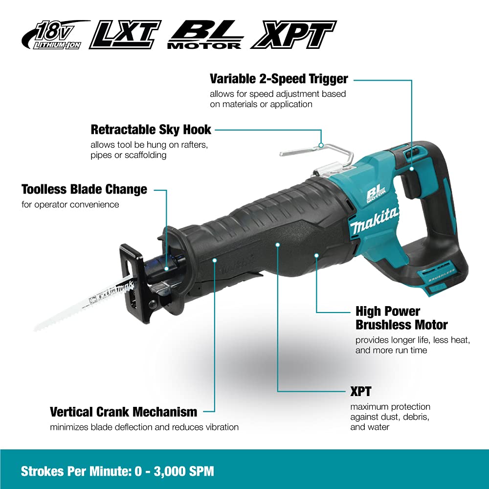 Makita DJR187Z 18V Li-Ion LXT Brushless Reciprocating Saw - Batteries and Charger Not Included & DTM51Z Multi-Tool, 18 V,Blue